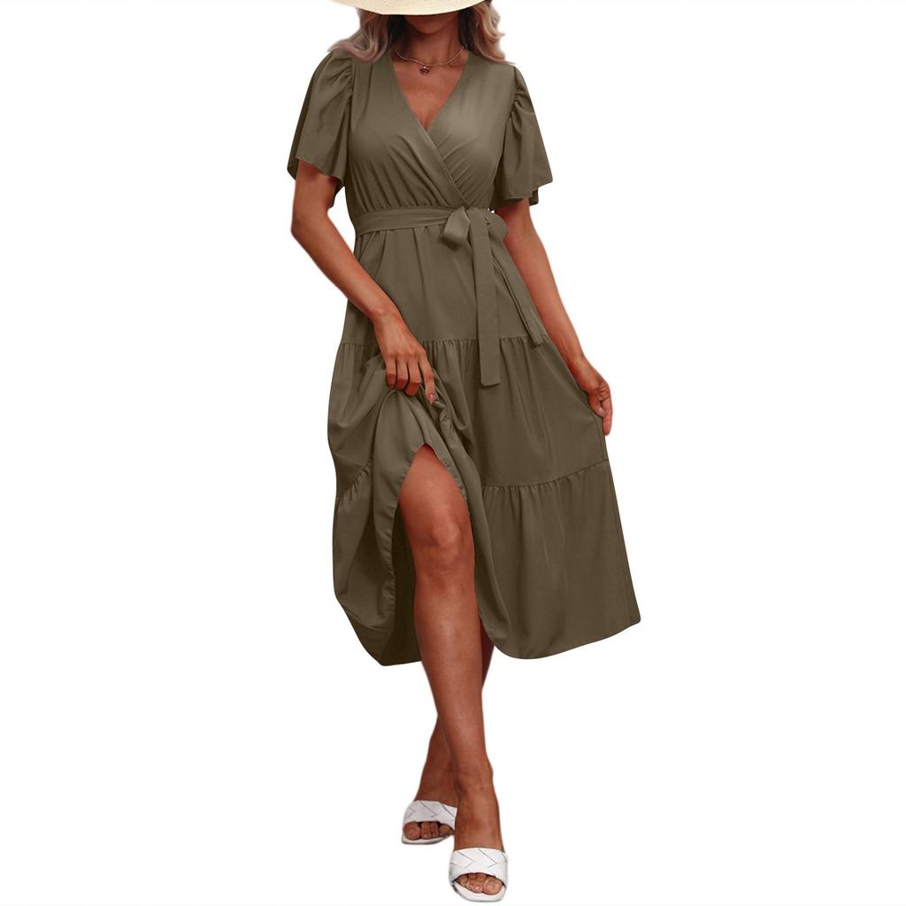 Women’s Short Sleeve V Neck Wrap Midi Dress with Adjustable Waist Tie and Flowing Skirt for Casual and Daily Wear
