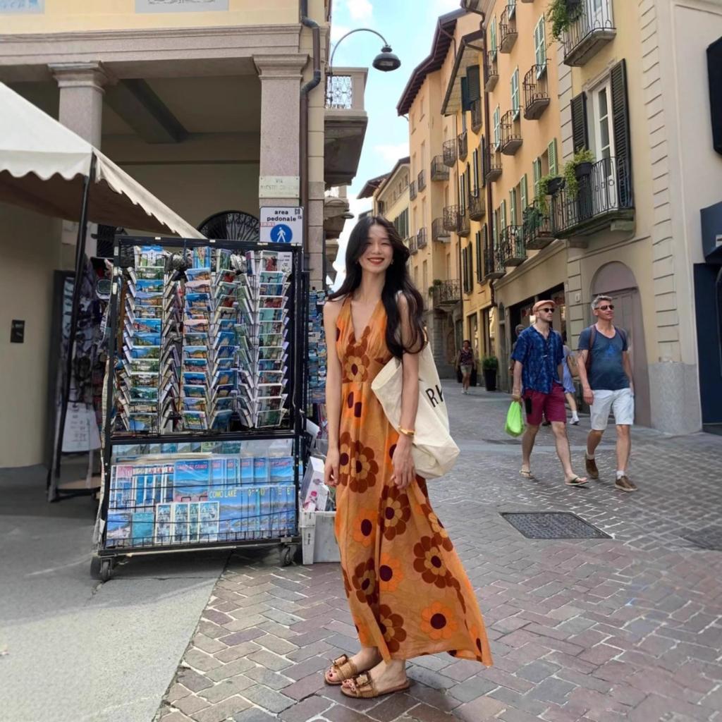 Travel Wear Seaside Vacation Temperament Printed V-Neck Dress Bohemian Beach Dress Summer