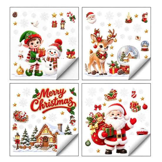 Christmas Window Clings Cling, PVC Waterproof Santa Claus/ Elf Snowman/Elk/House Stickers, Reusable Easy Peel And Stick Holiday Decor Glass