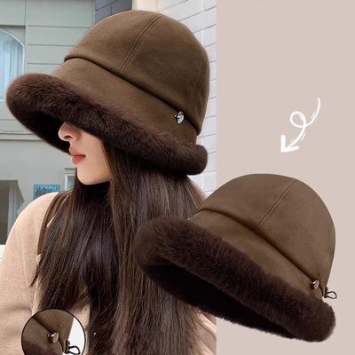 Flauschiger Pelz Bucket Hat für Damen Winter Dick Warm Panama Fischerhüte Vintage Plüsch Beckenhut