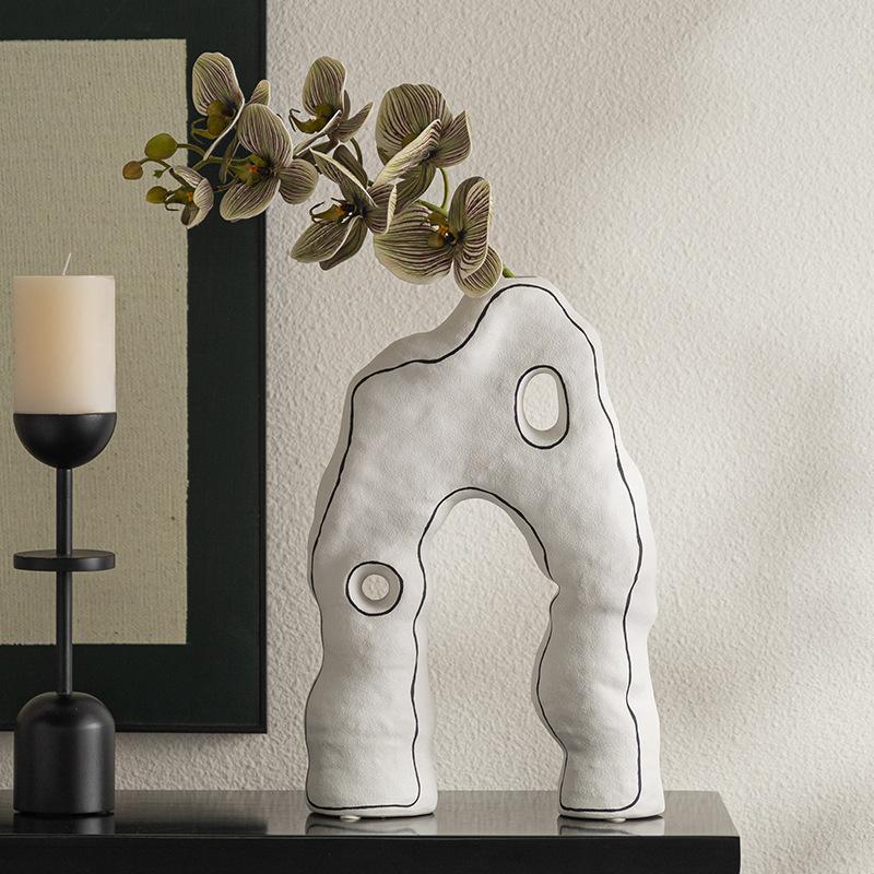White Ceramic Vase Abstract Ornaments with Irregular Geometric Lines Flower Vase Flower Arrangement Accessories Home Decoration