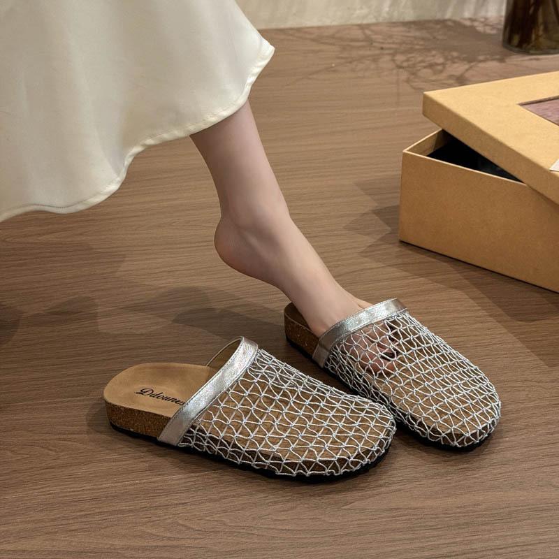 Flat-bottomed mesh fashion outer wear silver bag head half slippers women's shoes 2025 new summer soft-soled cool slippers