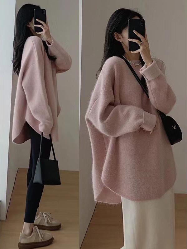 Women's Versatile Wool Pullover: Split Round Neck, Solid Color Knit, Mid-Length Sweater for Autumn/Winter