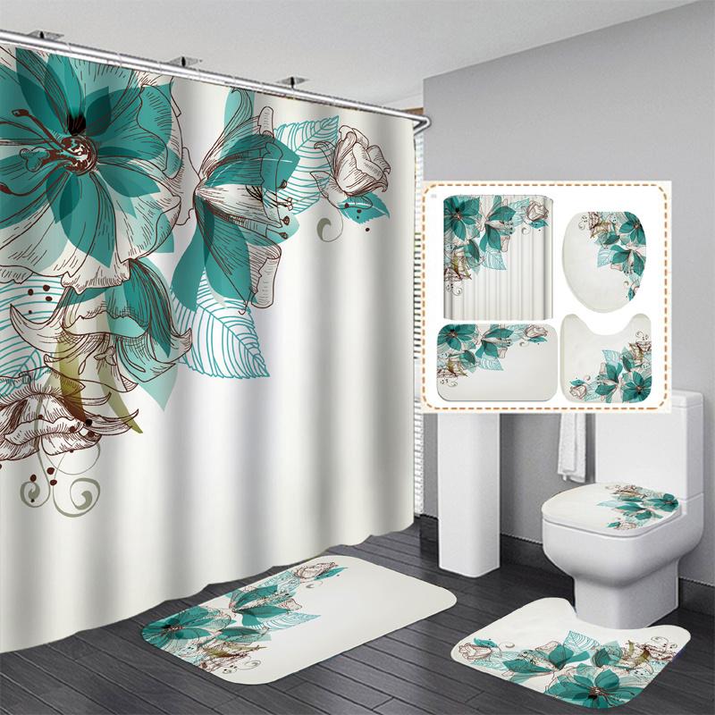 3D Rose Flower Shower Curtain Set Non-Slip Rugs Bath Mat Toilet Lid Cover and 12 Hooks Waterproof Polyester Bathroom Decor