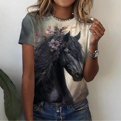 Animal Horse Print Top Fashionable Loose Short Sleeve Comfortable T-Shirts Women’s