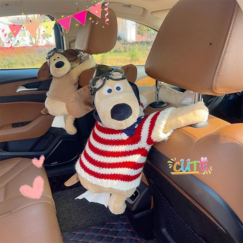 Soft Plush Tissue Box Cute Pet Hanging Car Paper Tower Box Creative Plush Doll Tissue Box In-car Armrest Doll Decoration