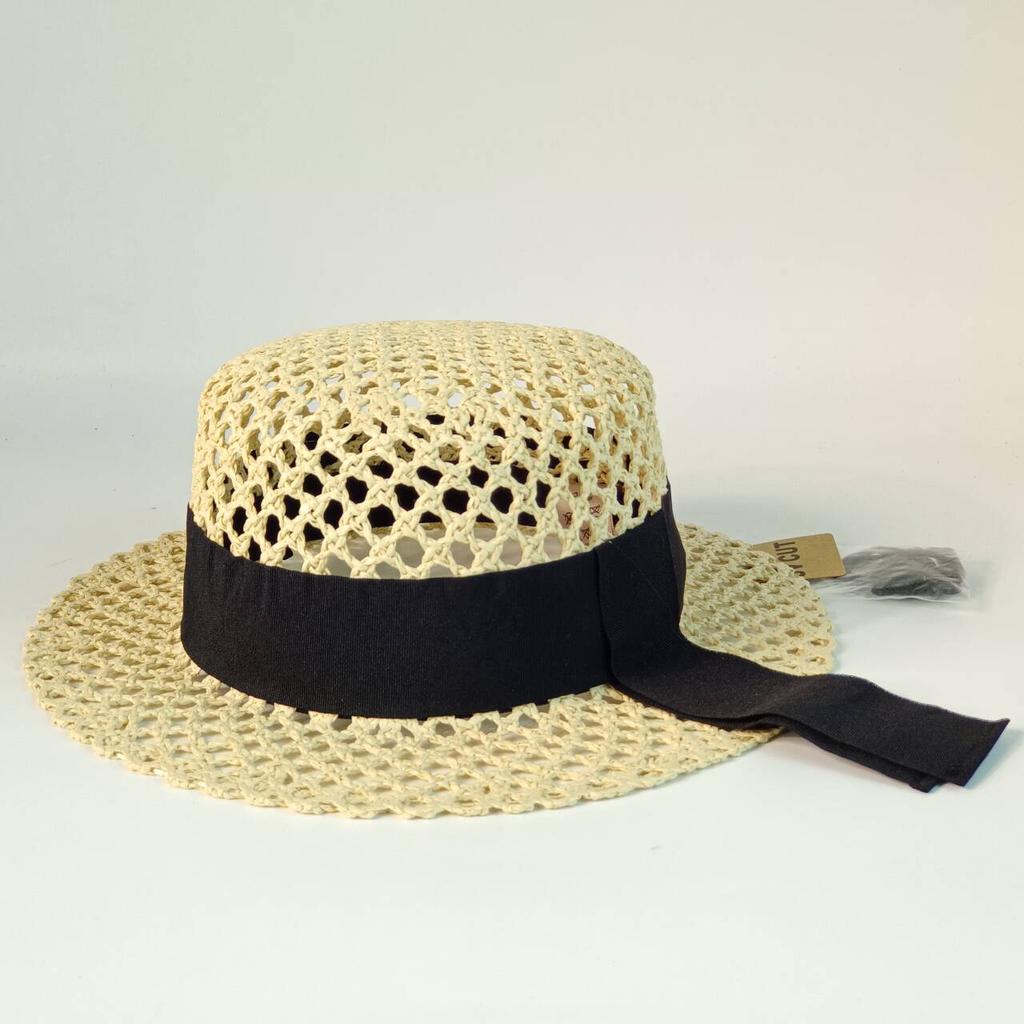 Breathable Mesh Straw Boater Hat for Women, Flat Top Wide Brim Sun Hat with Adjustable Black Ribbon & A