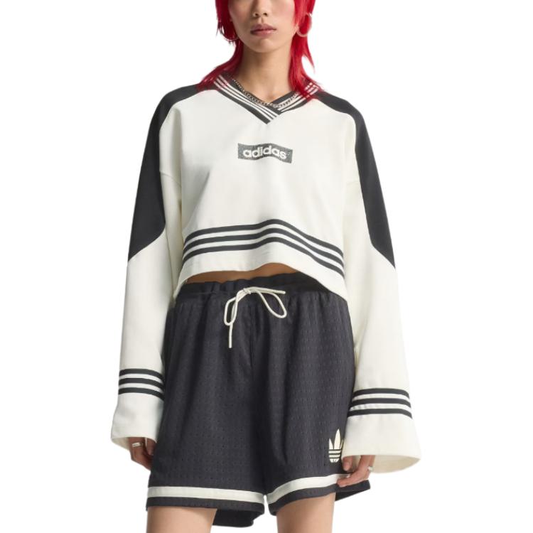 Adidas Originals V-Neck Loose Long Sleeve Sweatshirt Women Sweatshirt Off-White JX7597