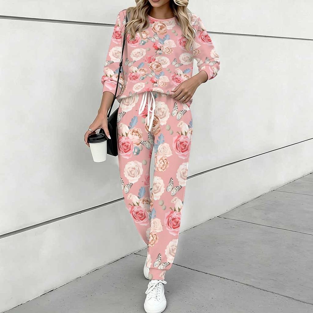 Women Floral Print Two Piece Outfit, Long Sleeve Crew Neck Top & Drawstring Jogger Pants Casual Tracksuit for Spring Autumn