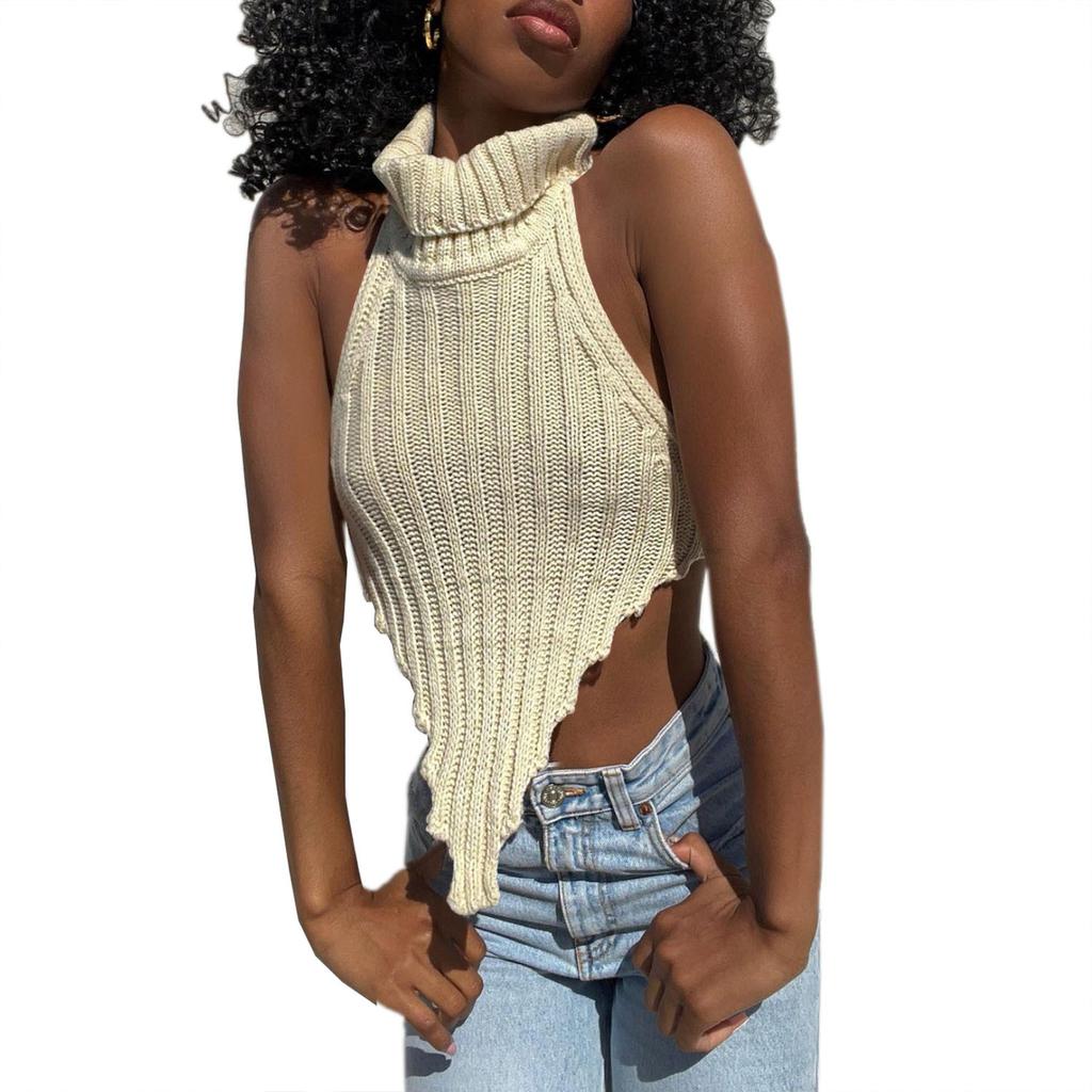 Dámský vlněný pletený top bez rukávů s vysokým výstřihem, nepravidelným střihem a sexy odhalenými zády