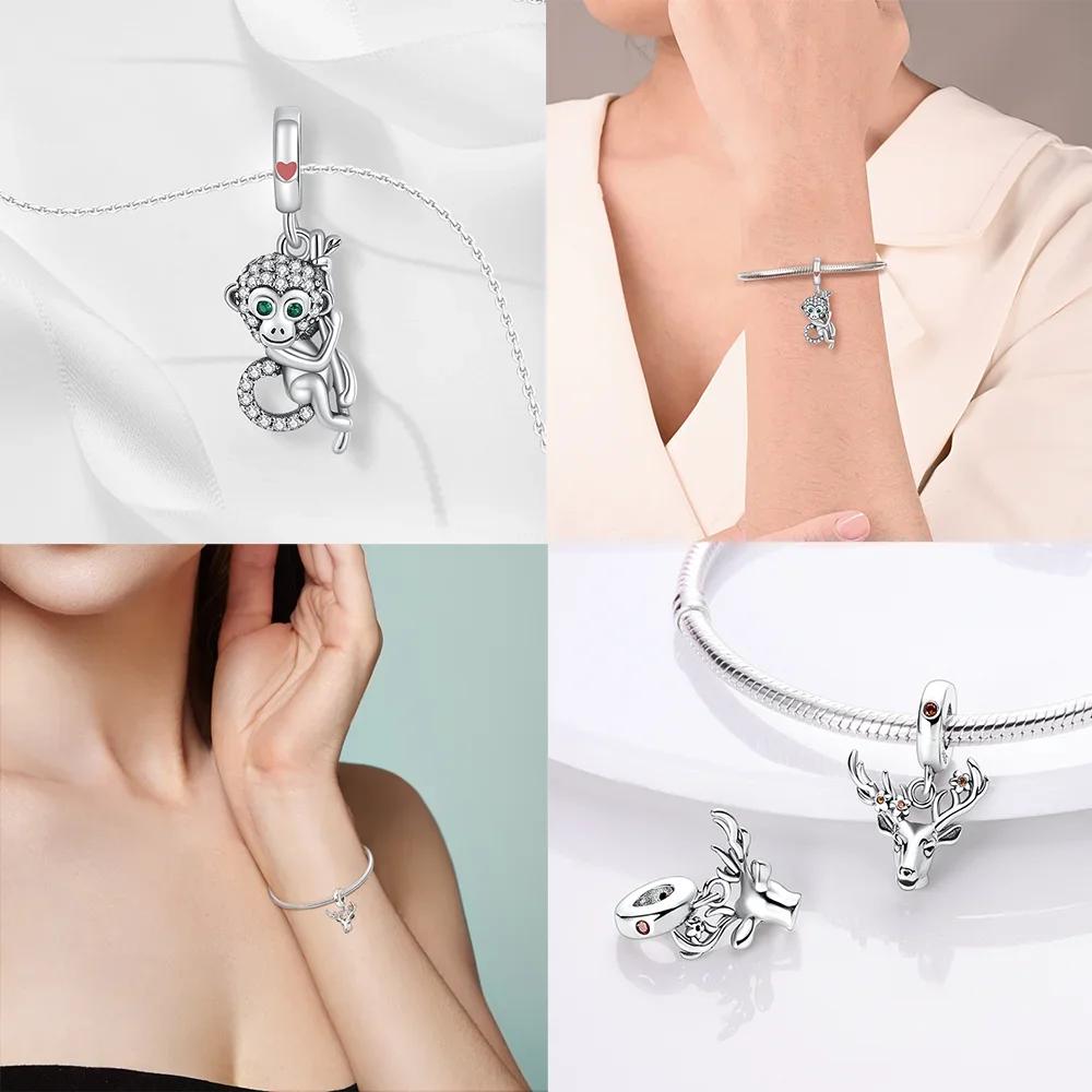 Exquisite Copper Monkey Holds Red Heart Bracelet Cute Lion Charms Fit Women Fine Jewelry Party Beads Diy Gifts