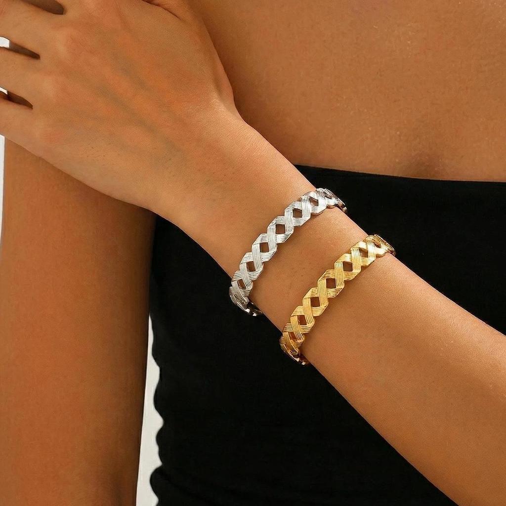 Stainless Steel Romantic Hollow Weave Open Bangle Bracelet for Women