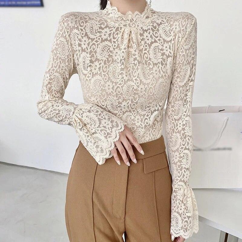 

Женский кружевной топ, облегающие рубашки базового слоя, повседневная футболка, осенний наряд, топ с расклешенными рукавами и половиной водолазки One Size