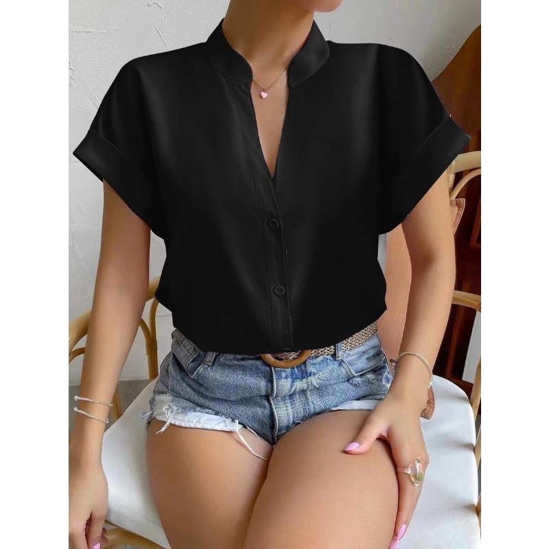 Women's Fashion Casual Solid Color Print Short Sleeve V Neck Blouses & Shirts