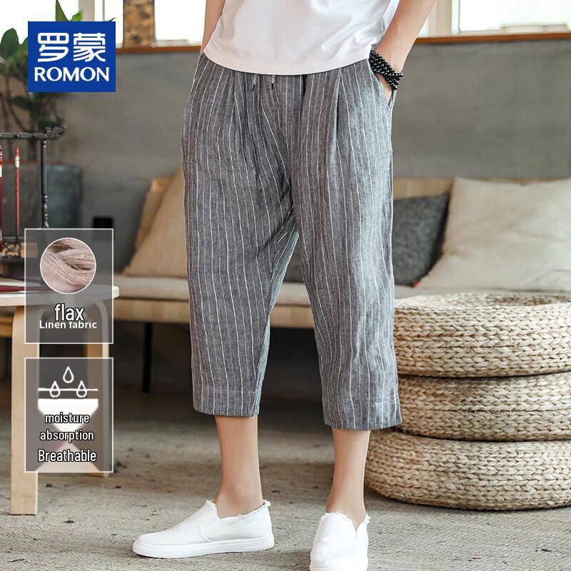 ROMON Men s Striped Cotton-Linen Drawstring Capri Pants 2XL