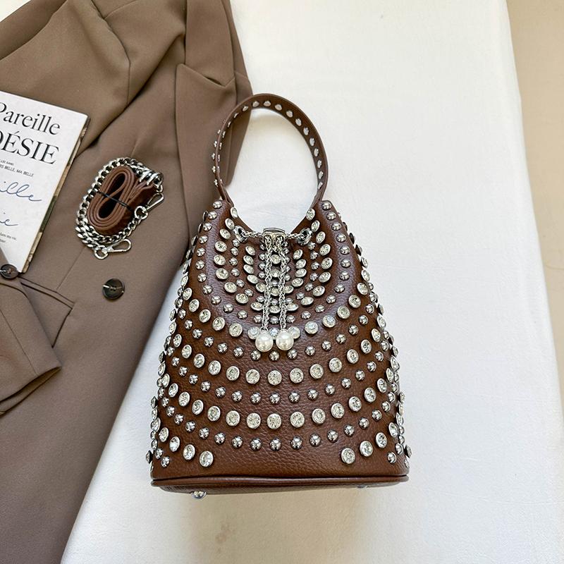 Retro Small Rivets PU Leather Shoulder Bag for Women 2025 Punk Style Bucket Handbags and Purses Females Crossbody Bags