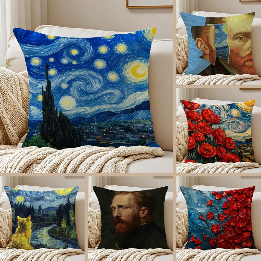 Van Gogh Starry Sky Dutch Painting Art Cushion Cover Pillowcase Antidustmite Invisible Zipper Short Plush Sofa Cushion