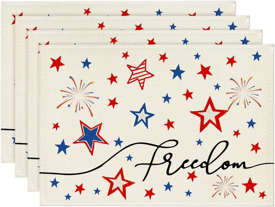 

Patriotic Freedom Stars 4th of July Placemats for Dining Table, 12x18 Inch Memorial Day Decoration Washable Table Mats Set of 4 4pcs-12x18