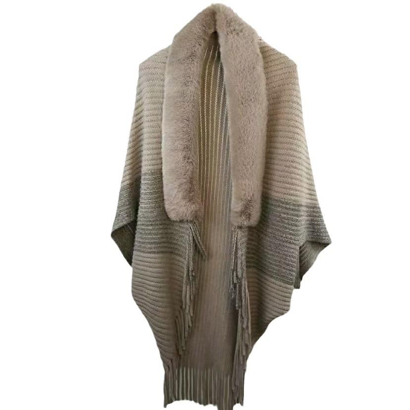 Autumn & Winter High-End Knit Cardigan: Color-Blocked Cloak Shawl with Large Fur Collar & Tassels, Korean Style Outerwear.