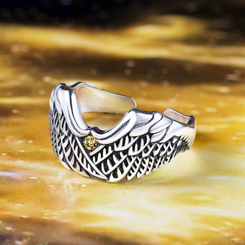 Adjustable Open Ring Men Women Copper Vintage Geometric Wing Design Retro Style Fashion Accessory