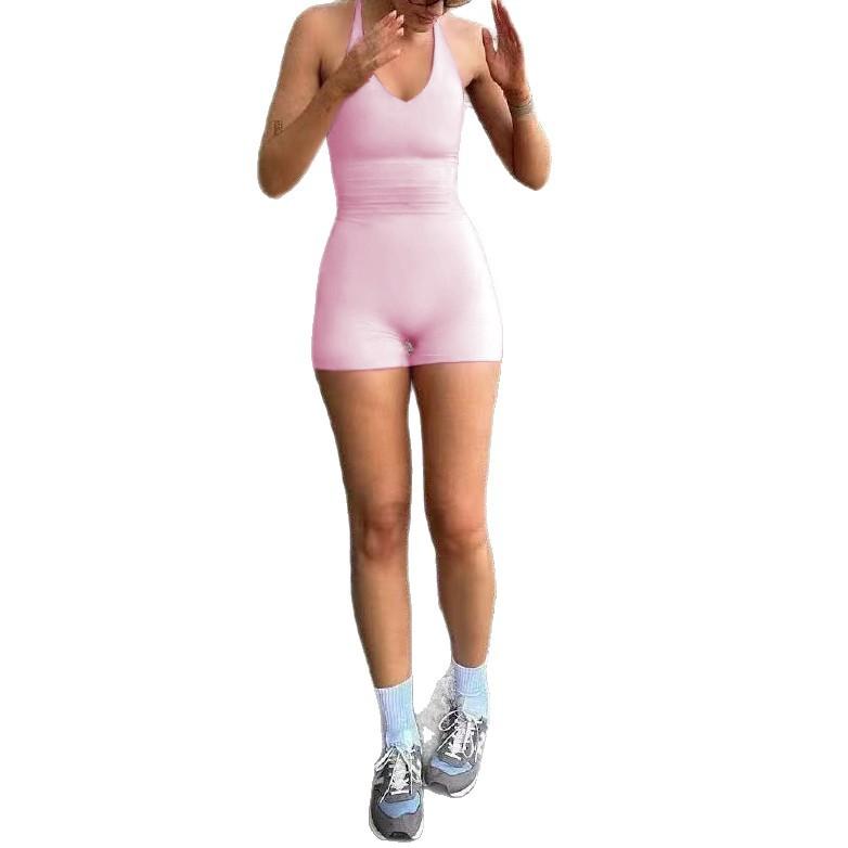 European and American High-end Sense Neck-hanging Yoga Suit, Women's Fitness Sports Running Vest and Shorts, a Set of Yoga Suit