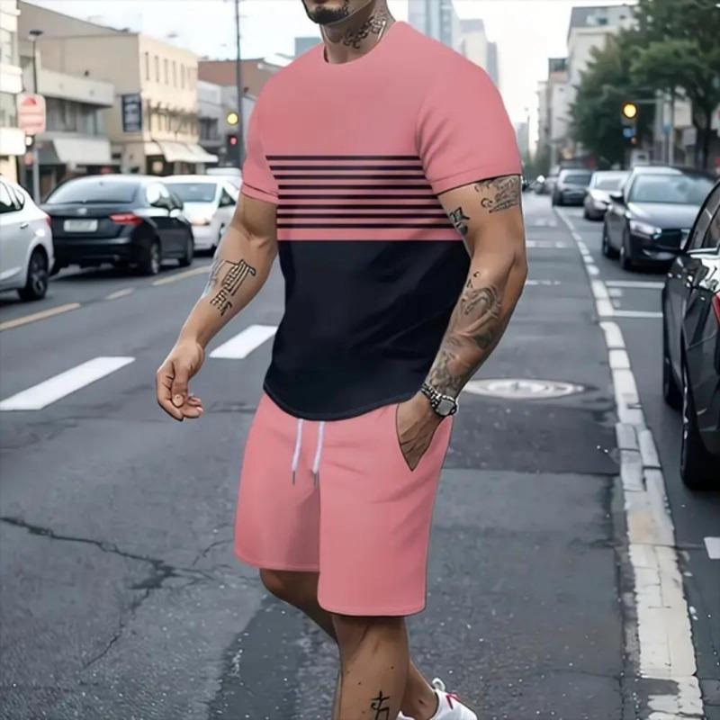 Summer Fashion Casual Men's Suit Gradient 3D Printed Sportswear Short-sleeved Suit Oversized Round Neck T-shirt Shorts 2-piece