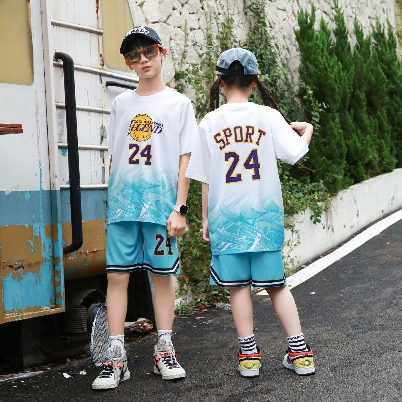 

Children s basketball jersey set boys and girls fake two quick-drying sports training jersey printed short-sleeved jersey group buying 16 yards небесно-голубой