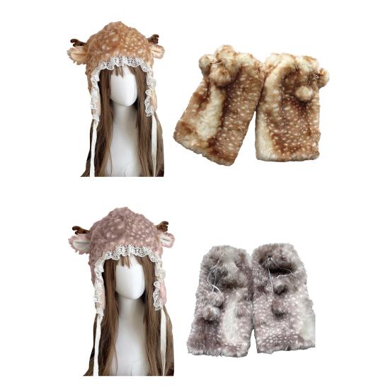 Winter Hat with Cartoon Deer Ears Plush Lining Ear Protection Hat Thickened Warm Adjustable Fit Leg Warmers Winter Wear