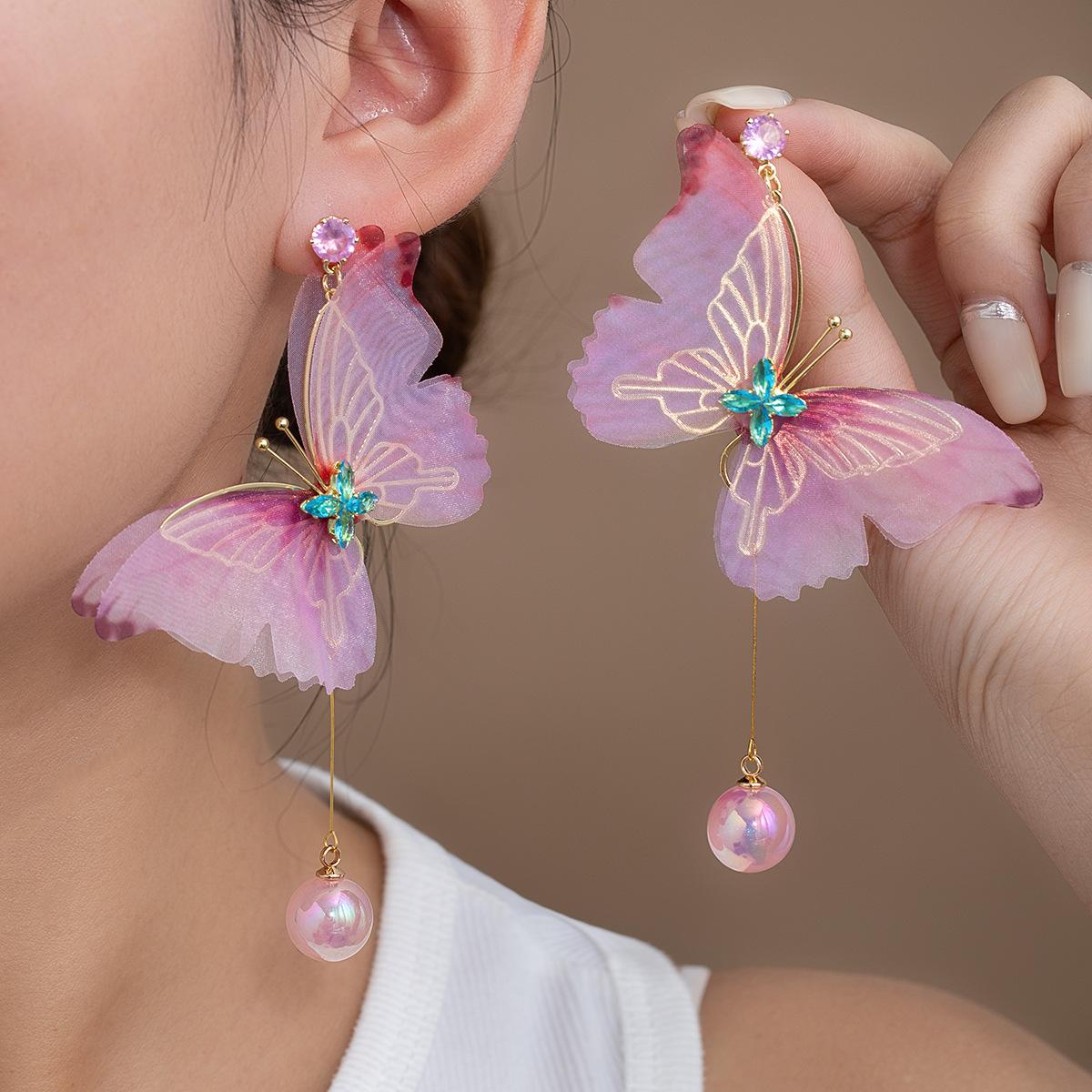 Purple-Pink Butterfly Diamond Pearl Pendant Earrings Mori Pastoral Small Fresh Earrings Super Fairy Tassel Earrings