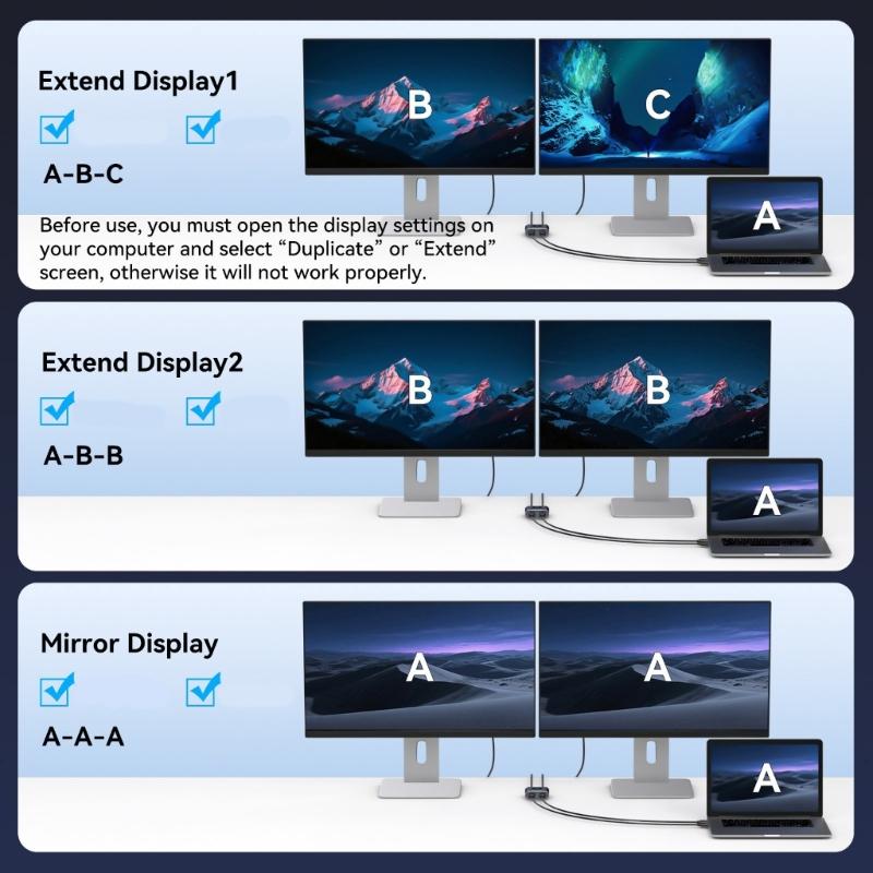 4K HDTV Splitter Adapter 1 In 2 Out for Double Monitor Setup Offering Mirror and Extended Displays for Laptop and PC