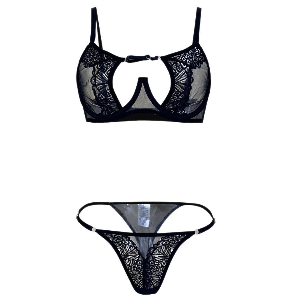 Soft Steel Ring Lace See Through Hollow Underwear Two-piece Set Gathered Bra Thong Women's Sexy Underwear