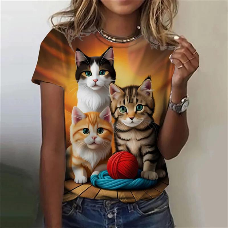 Maglietta da donna alla moda, con stampa 3D, motivo a gatto kawaii, a maniche corte, girocollo, estiva, casual, da strada, semplice