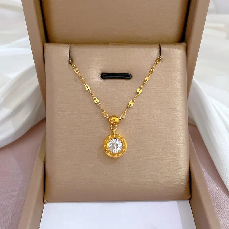 Gold Stainless Steel Roman Digital Wafer Pendant Necklace for Women Charm Chain of Clavicle Jewelry Accessory