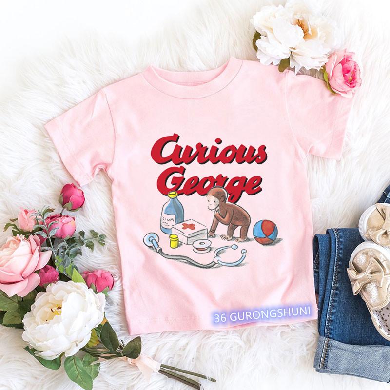 T-shirt Kawaii per bambine Stampa cartone animato Scimmietta Curious George Abbigliamento per bambini T-shirt estive T-shirt per bambine Top rosa a maniche corte