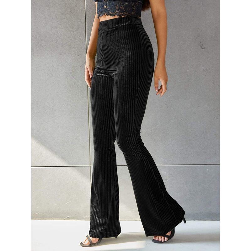 Graceful Personality New Arrival European and American Women's Clothing Fashion Sexy Pure Color High Waist Pleuche Sunken Stripe Bell-Bottom Pants