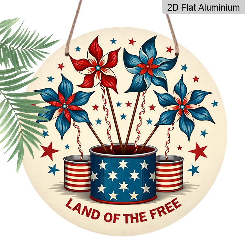 2D Flat, 1pc Round "Land Of The Free" Aluminum Hanging Sign, Patriotic Red White Blue Pinwheel Windmill Design, Rustic Retro Metal Wall Decor