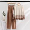 Autumn and Winter Knitted Wide-leg Pants Sweater Set Pullover Elastic Contrast Color Casual Loose Two-piece Women's Clothing