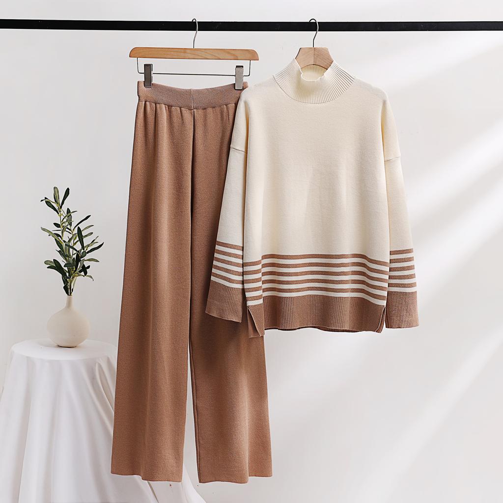 Autumn and Winter Knitted Wide-leg Pants Sweater Set Pullover Elastic Contrast Color Casual Loose Two-piece Women's Clothing
