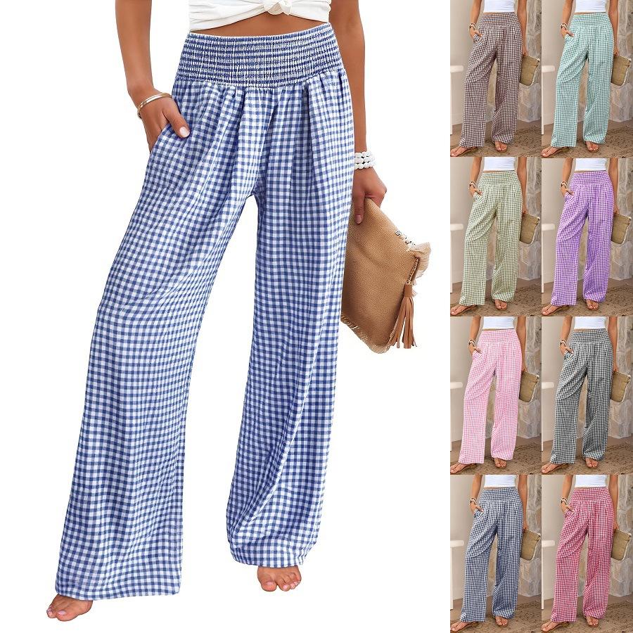 Women's High Waist Elastic Waistband Wide Leg Pants Multi Color and Pattern Plaid and Solid Options
