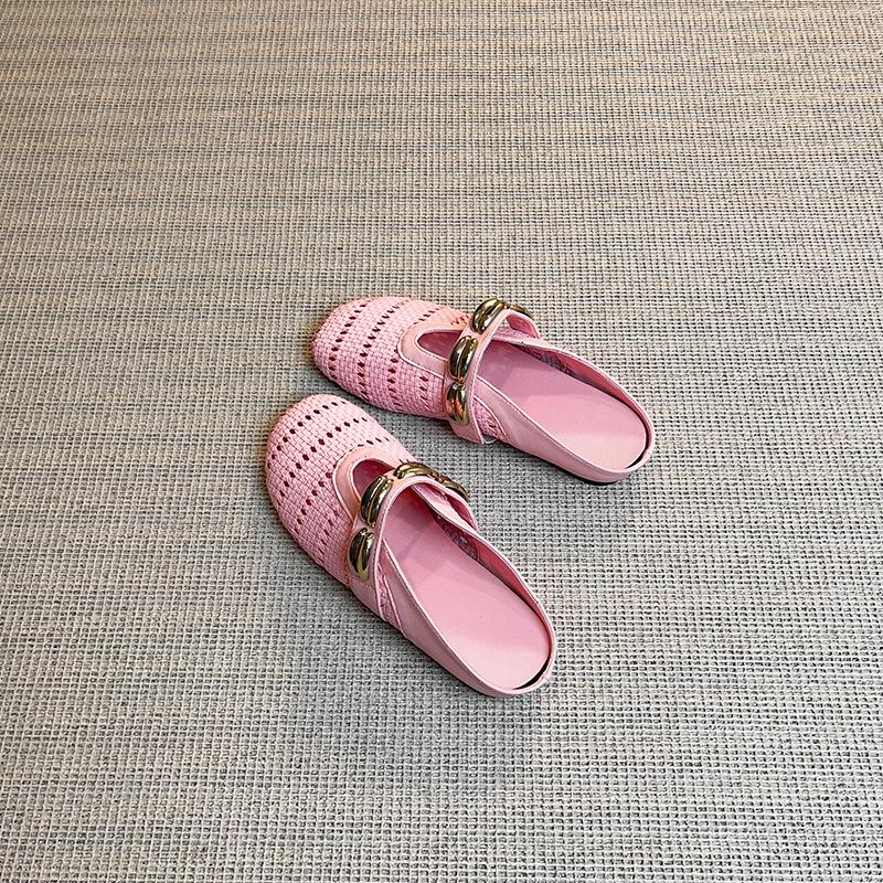 

Slack bag head half drag woven Mary Jane single shoes women s summer new flat bottom word with holiday outside slippers 35 розовый