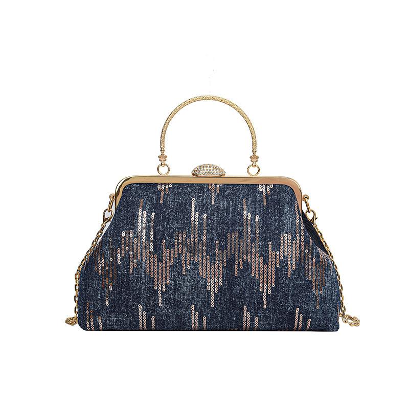 Textured Bag Women's Portable Autumn and Winter Clip Shell Bag Fashionable and Simple Splicing Sequined Chain Bag