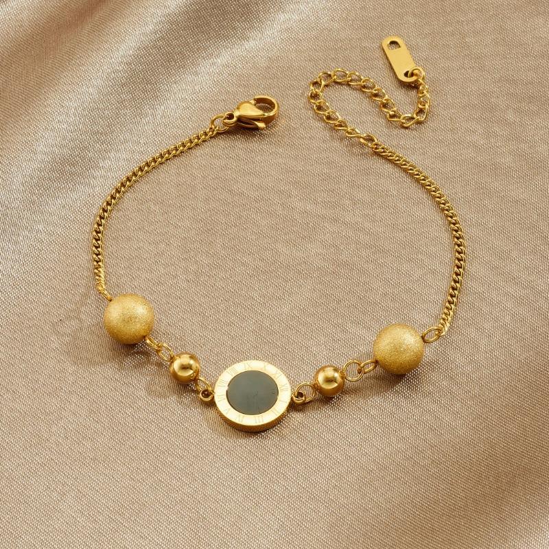 Gold Plated Roman Numeral Bead Bracelet, Dainty Adjustable Cable Chain with Black Onyx Charm for Women, Elegant Daily Jewelry