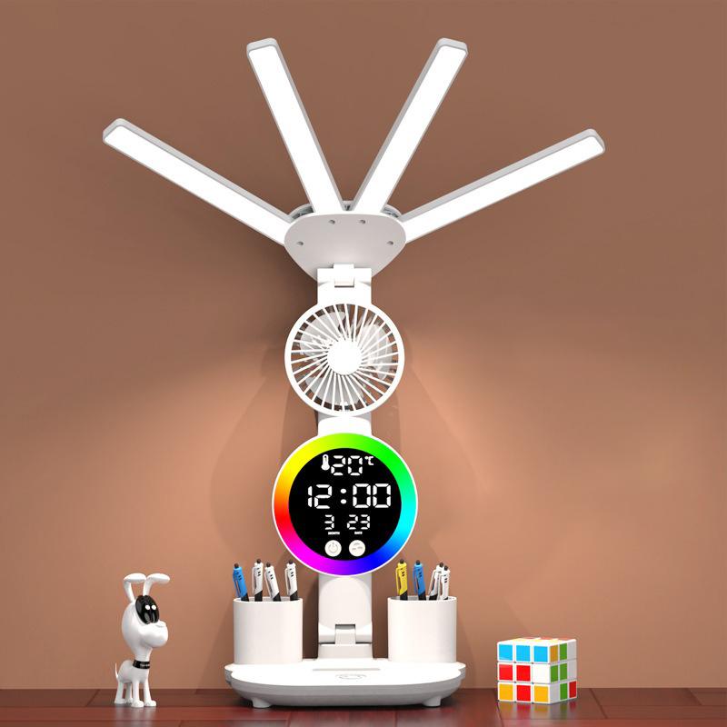 Wiederaufladbare Tischlampe (1 Stück) zum Lernen, Schreibtischlampe mit Lesefunktion, LED-Tischleuchte mit Ventilator, LED-Uhranzeige und Leselampe