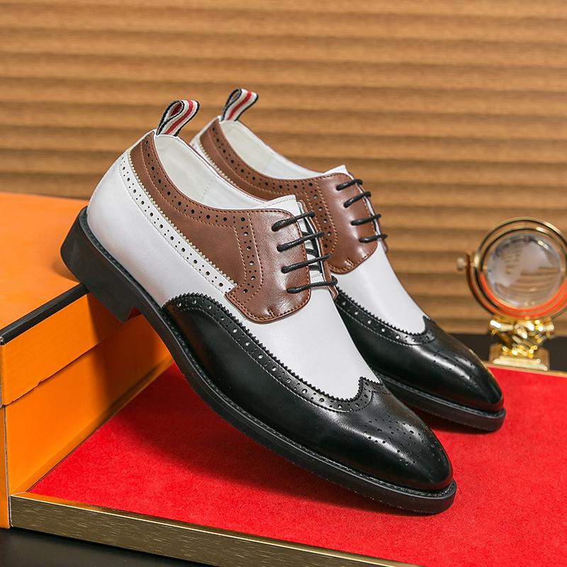 Fashion New Men Dress Shoes Luxury Derby Business Leather Shoes for Mens Patchwork Pointed Social Shoe Male Black Casual Wedding Shoes
