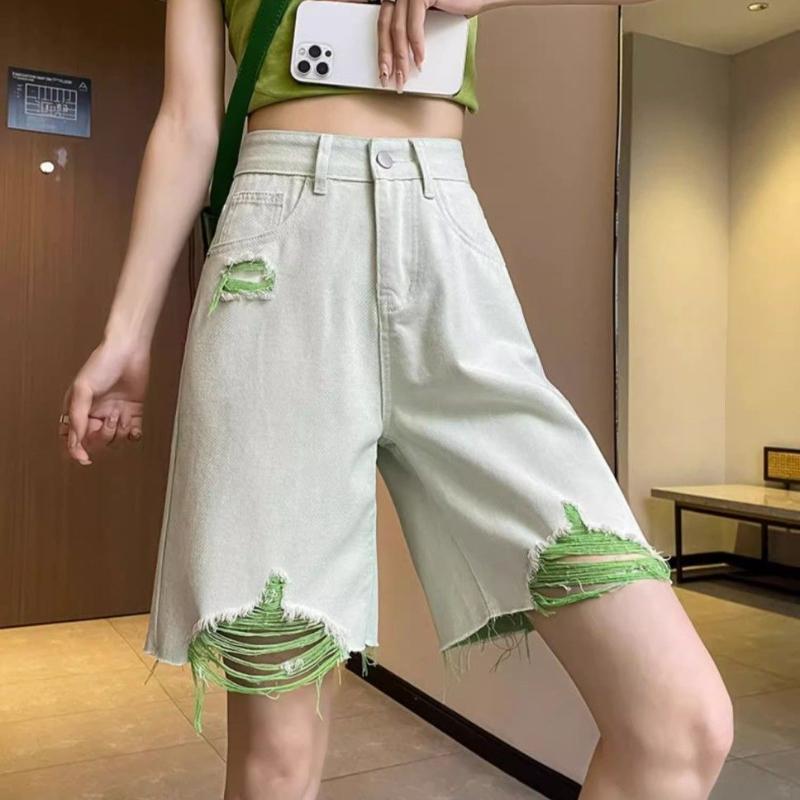 Green Denim Shorts for Women In Summer Thin Cut with Holes Beggar Pants High Waist Covering Thighs Wide Legs A-line Five Quarter Pants