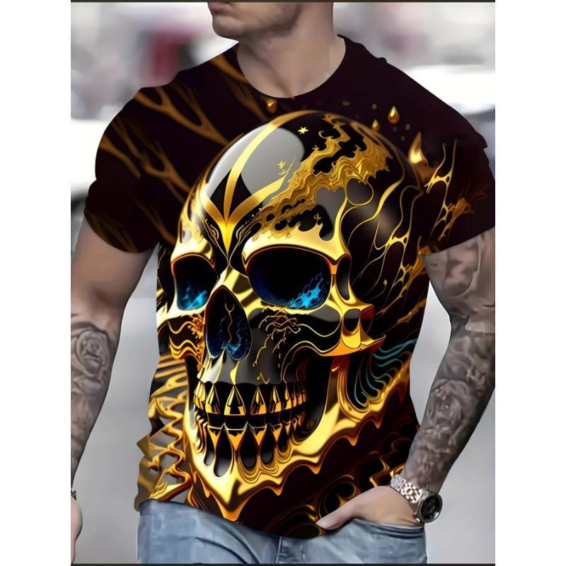 Men's 3D Skull Pattern Print Short Sleeve T-shirt Summer New Casual Tops Trend Cool Street Style Men's Clothing