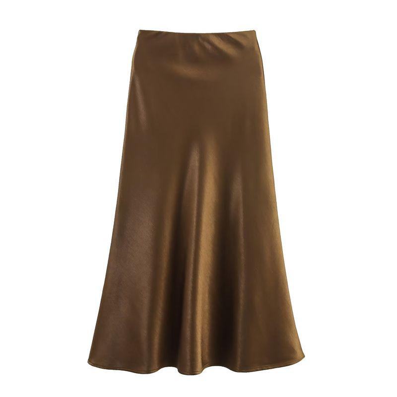

Kaslead New Women clothes Western Style Fashion Satin Thickened Composite Autumn and Winter Crisp Elastic Waist Skirt Coffee L