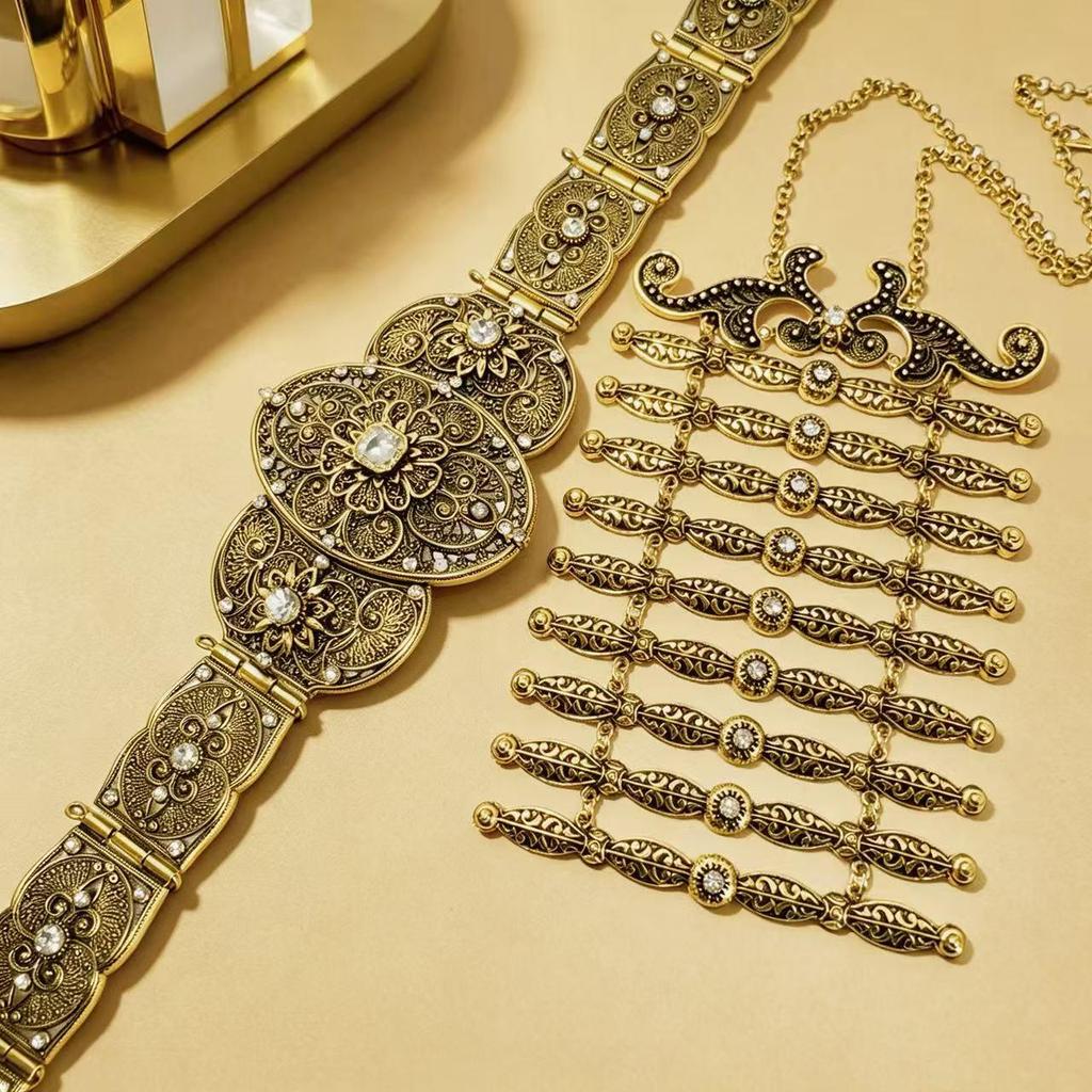 Caucasian Ethnic Rhinestone Women's Waist Belt & Breastplate Set