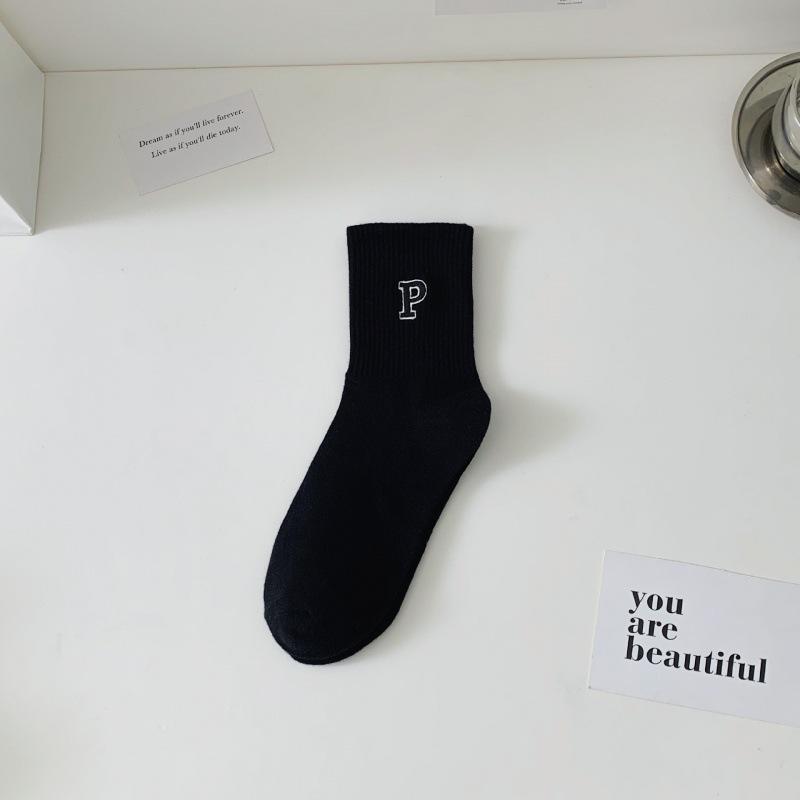 Ladies Lovely Versatile Letter Embroidered Black White Collegiate Wind Tube Cotton Socks