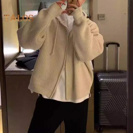 Herren Herbst Winter Pullover Mantel Mit Kapuze Kordelzug Lockerer Reißverschluss Lange Ärmel Kordelzug Mittellange Einfarbige Retro Strickjacke